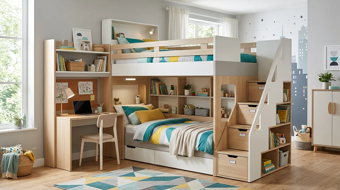 A modular bunk bed with adjustable sections, storage stairs, built-in shelves, and multi-functional design, sleek modern kids’ room, no people