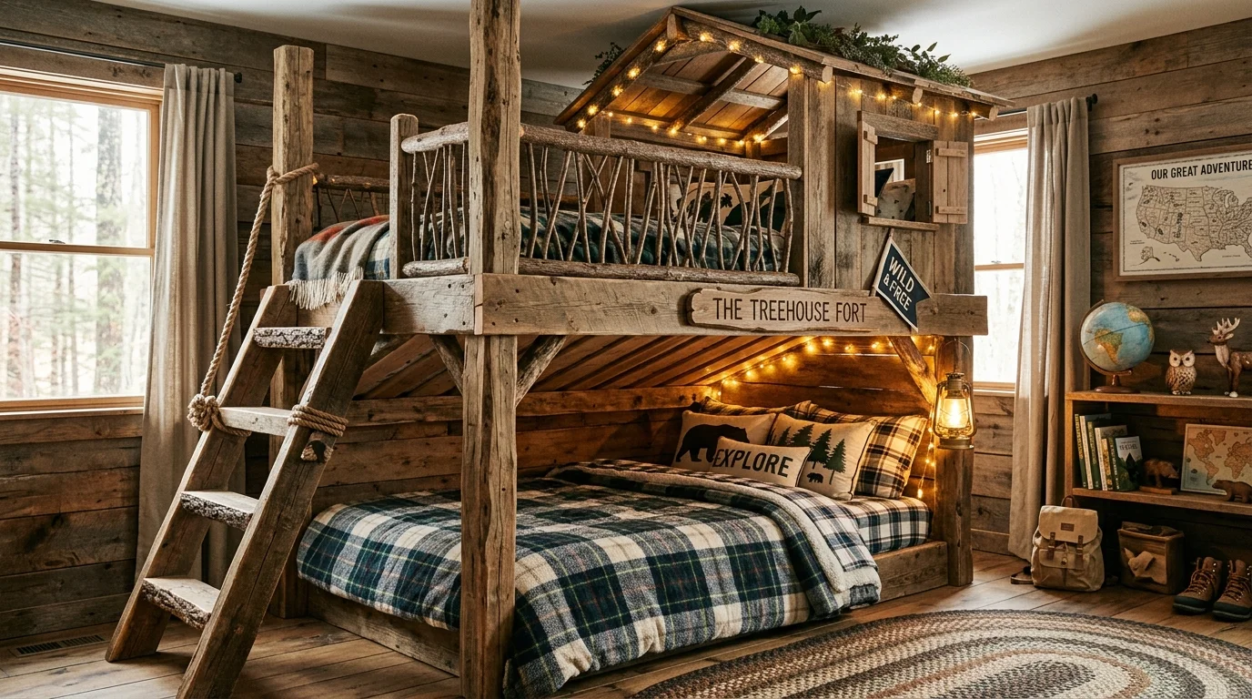 A rustic wooden bunk bed with treehouse-inspired design, wooden beams, cozy lighting, and adventure-themed decor, warm earthy atmosphere, no people
