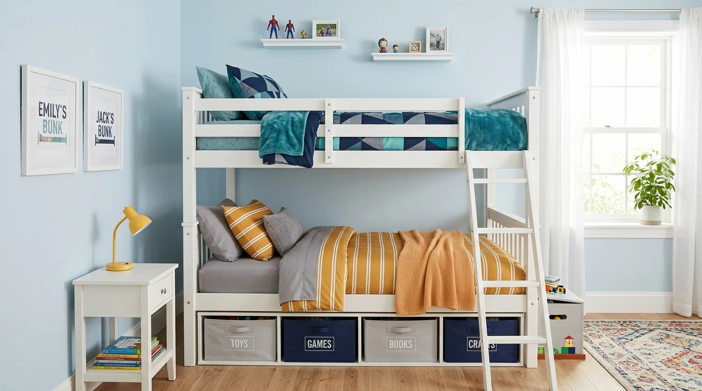 A double bunk bed setup for shared siblings’ room with personalized bedding colors, organized storage bins, and balanced symmetry, bright cheerful lighting, no people