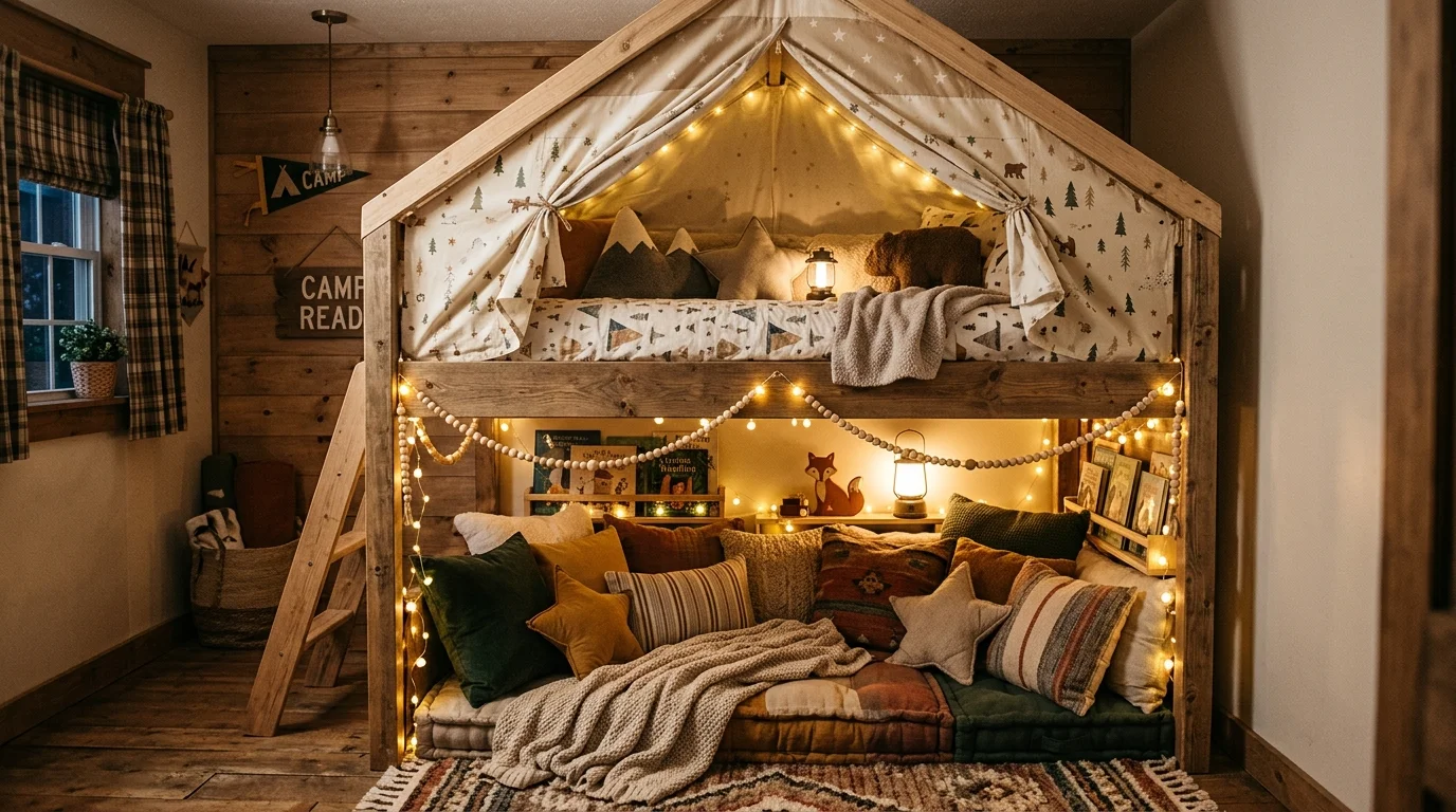 A creative bunk bed with tent-style upper bunk, cozy reading nook below, string lights, and soft cushions, whimsical indoor camping vibe, no people