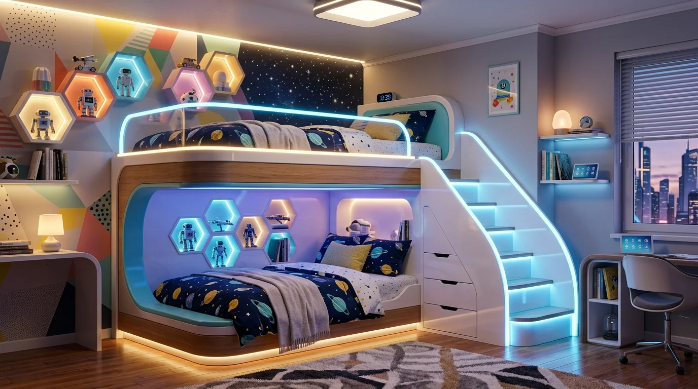 A futuristic bunk bed with LED strip lighting, sleek curves, smart storage integration, and modern playful design, glowing contemporary kids’ room, no people