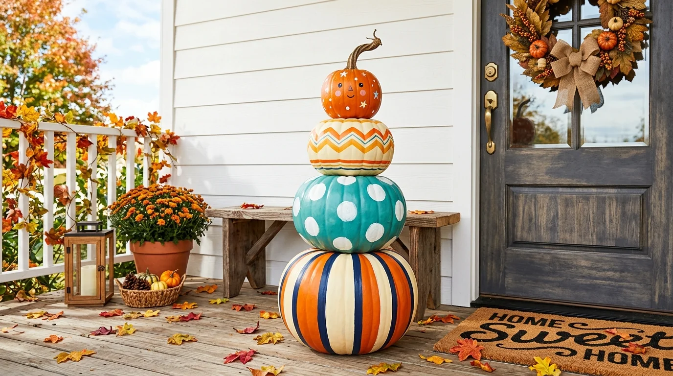 A set of stacked pumpkins in varying sizes painted with bold patterns like stripes and dots arranged on a front porch bright daylight playful fall styling no people