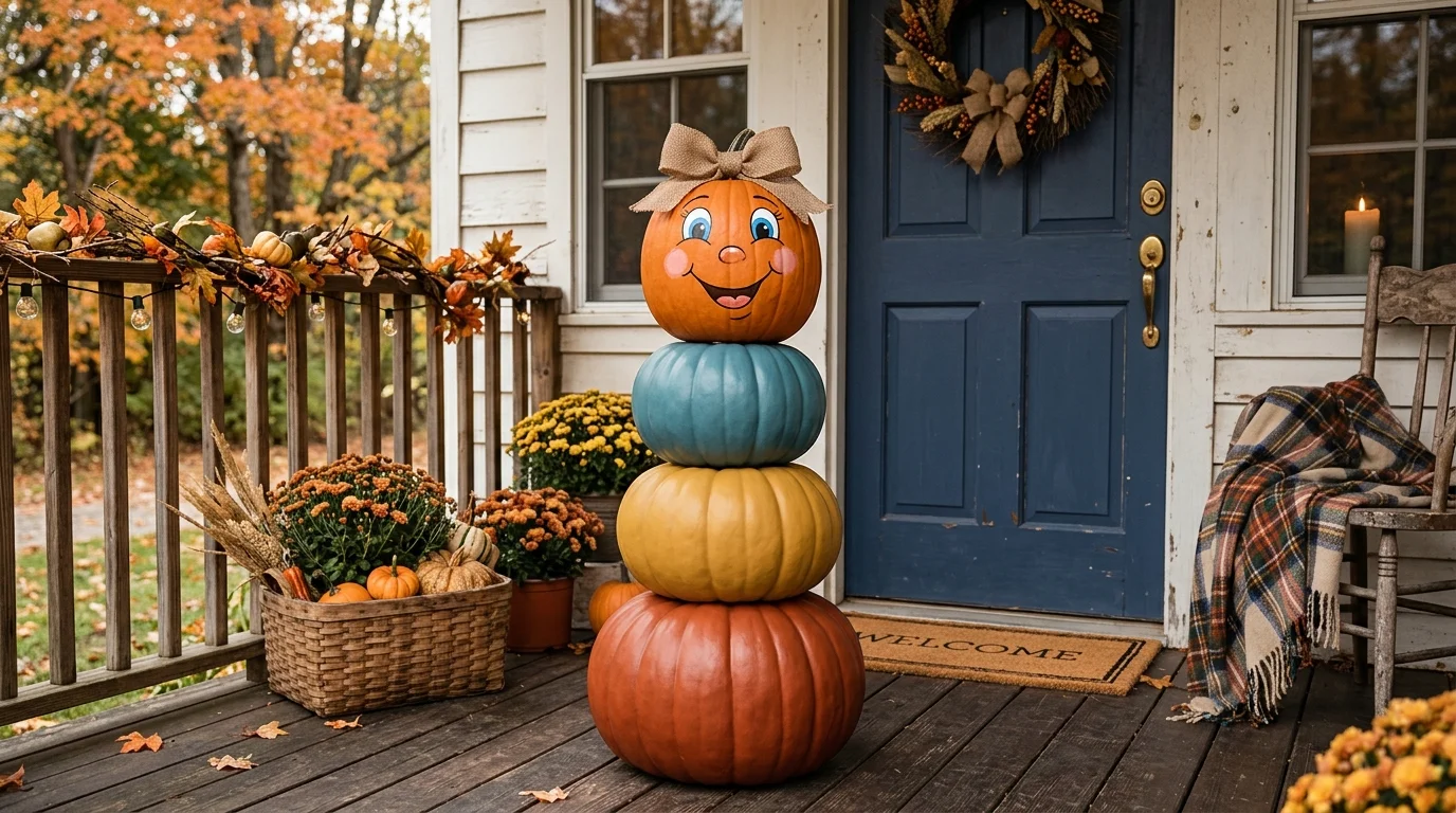 A tall pumpkin stack featuring a top pumpkin painted like a smiling face with the lower ones in solid colors soft natural lighting whimsical porch display no people