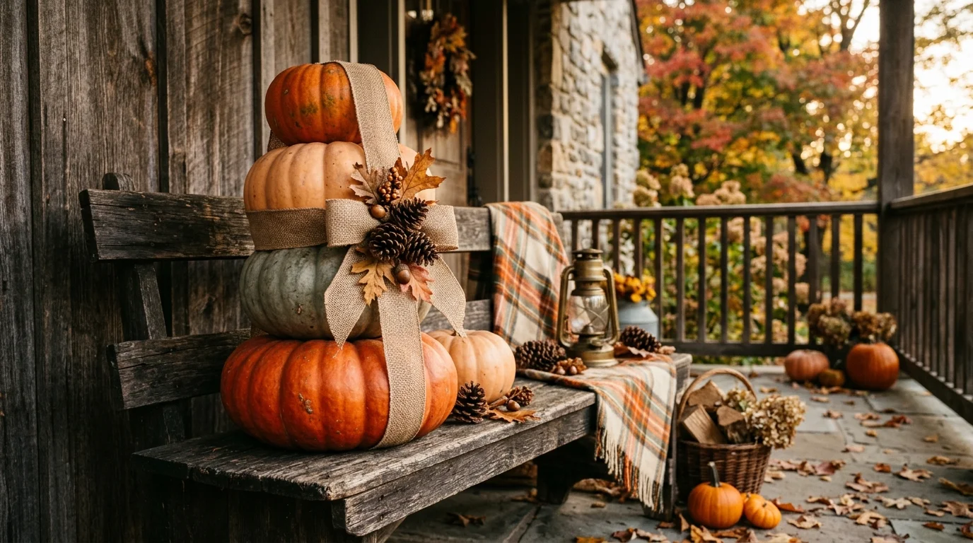A rustic pumpkin stack with natural unpainted pumpkins accented with burlap ribbon and pinecones placed beside a wooden bench warm lighting farmhouse autumn vibe no people