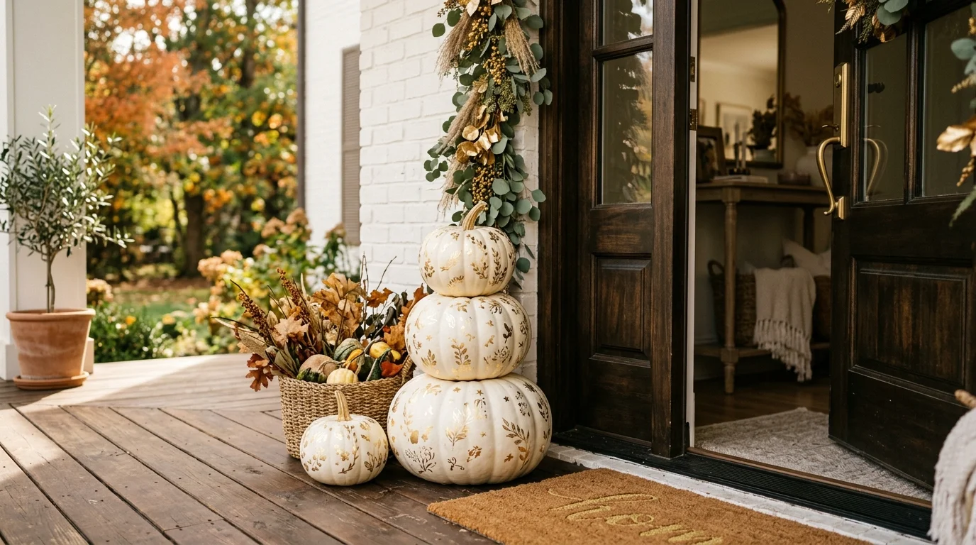 A stack of white pumpkins decorated with gold leaf accents and subtle patterns placed near a doorway soft sunlight elegant modern fall decor no people
