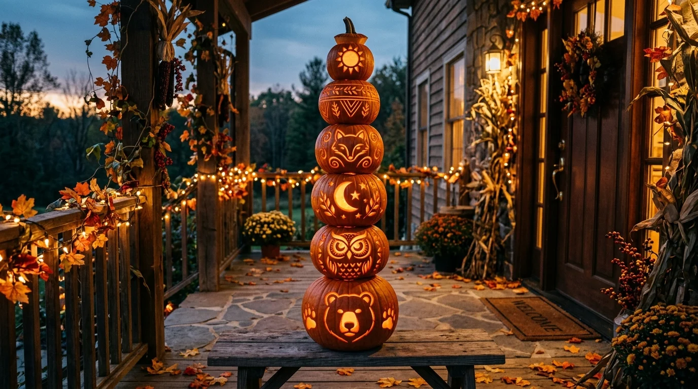A creative pumpkin stack shaped like a totem with each pumpkin carved with simple patterns glowing softly at dusk warm lighting unique Halloween porch look no people