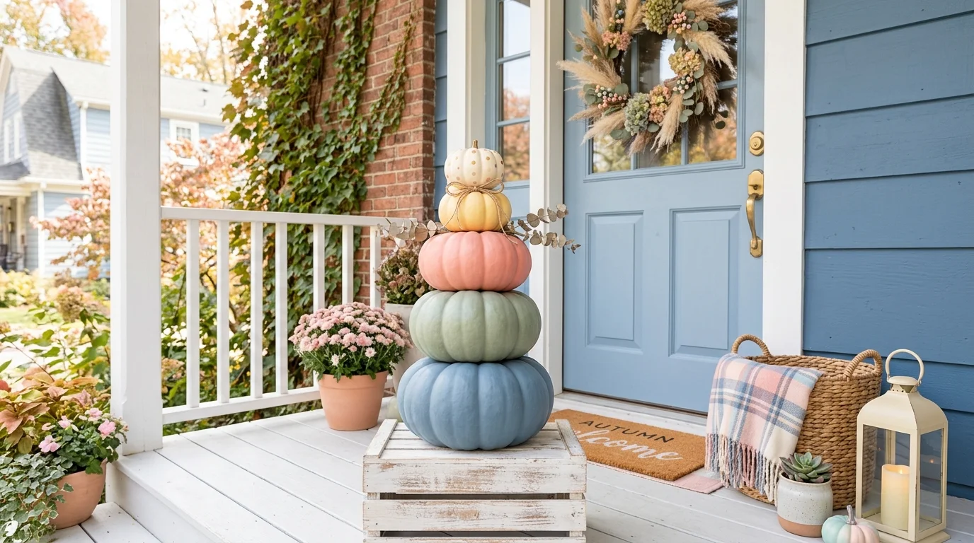 A stack of pastel painted pumpkins arranged on a porch with a matching pastel decor theme bright natural light soft playful fall aesthetic no people