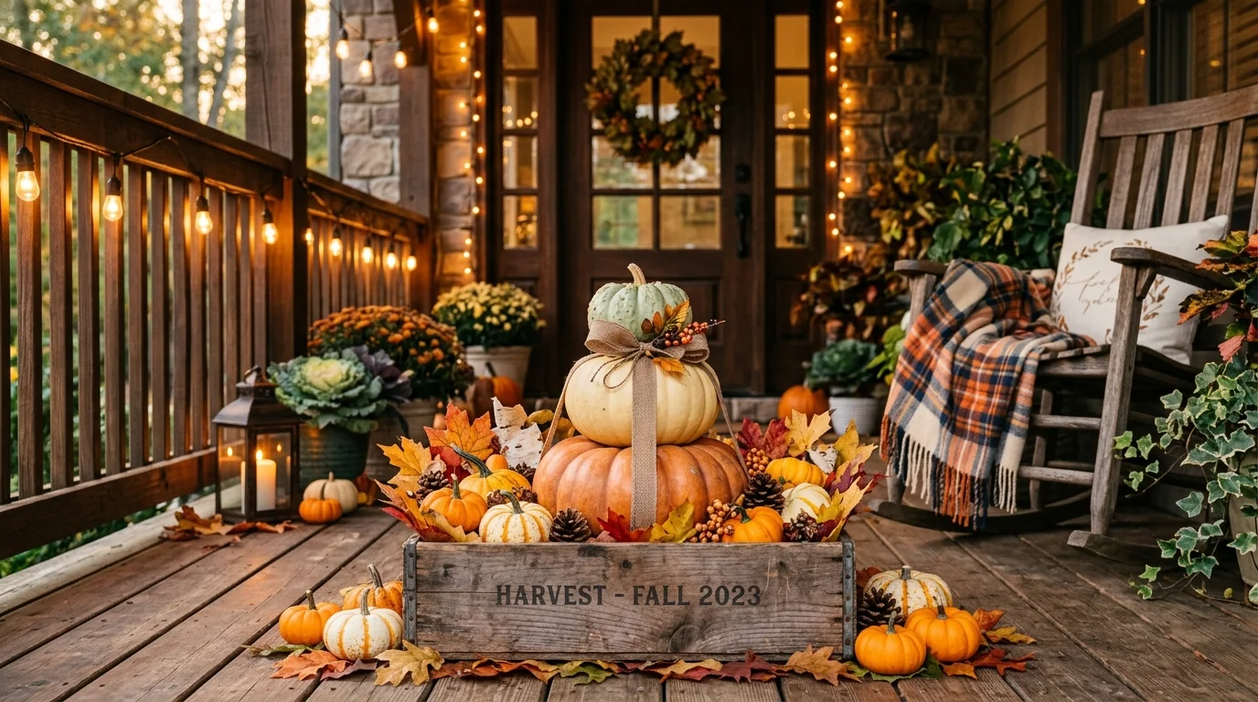 A DIY pumpkin stack placed inside a wooden crate with additional mini pumpkins and fall leaves surrounding it warm golden lighting cozy porch styling no people