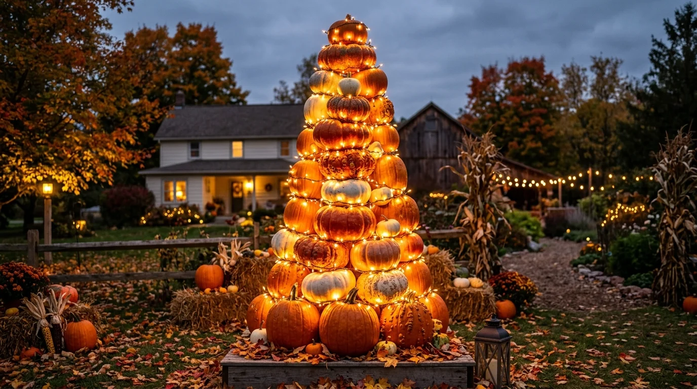 A tall stack of pumpkins wrapped with string lights creating a glowing effect in the evening soft ambient lighting magical autumn display no people