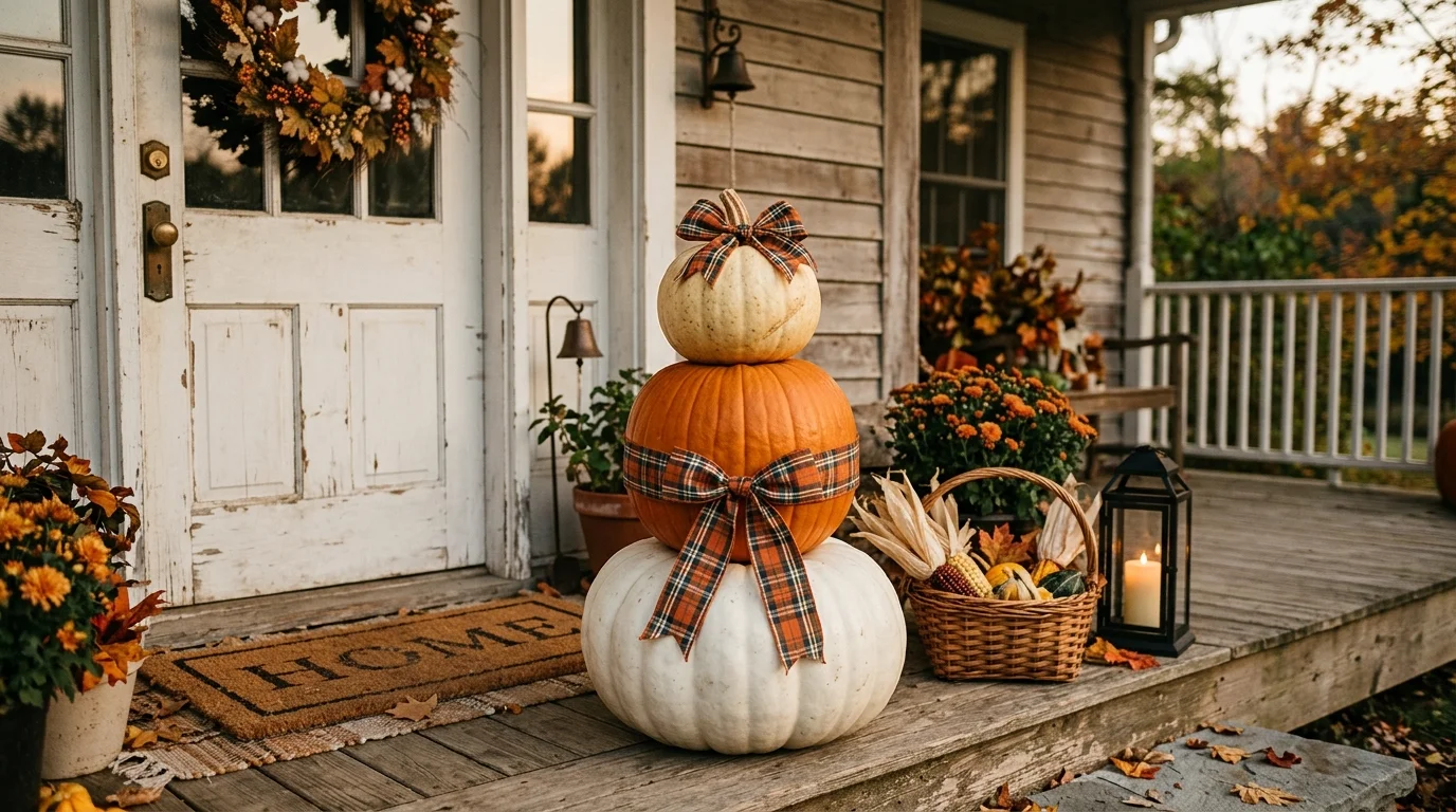 A farmhouse style stacked pumpkin display with plaid ribbon tied between layers placed near a door warm soft lighting charming fall decor no people