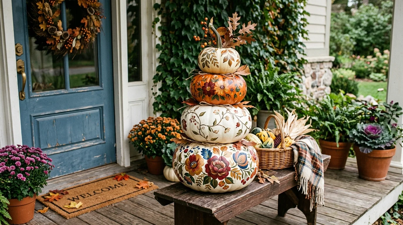 A set of stacked pumpkins decorated with hand painted floral patterns arranged on a porch bright daylight artistic seasonal display no people