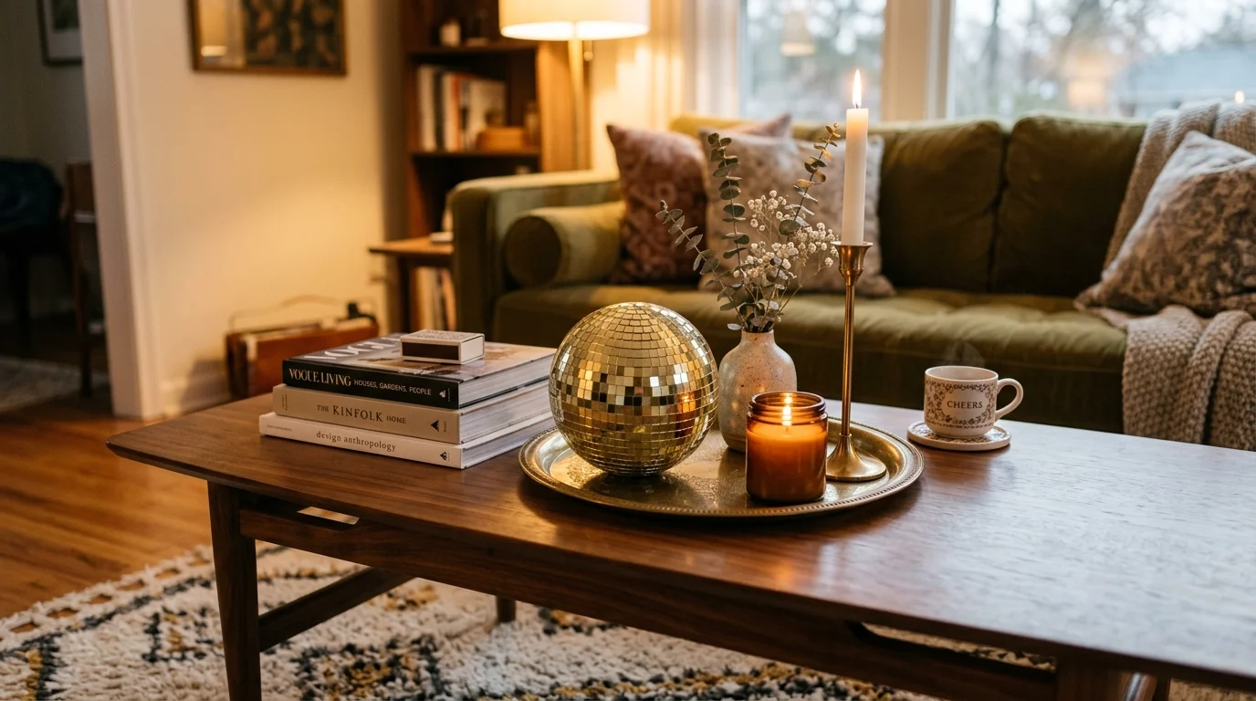 A coffee table styled with a small disco ball centerpiece surrounded by candles and books soft ambient lighting playful chic decor no people