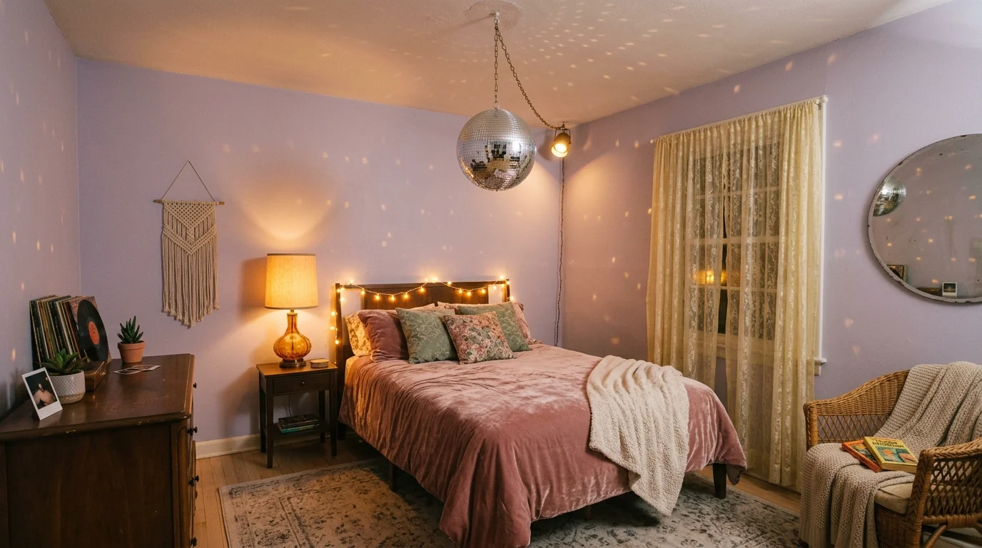 A bedroom with a disco ball suspended from the ceiling casting reflections across soft pastel walls warm lighting dreamy retro aesthetic no people