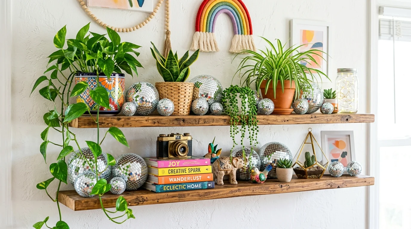 A shelf decorated with mini disco balls mixed with plants and decor items bright lighting fun eclectic styling no people