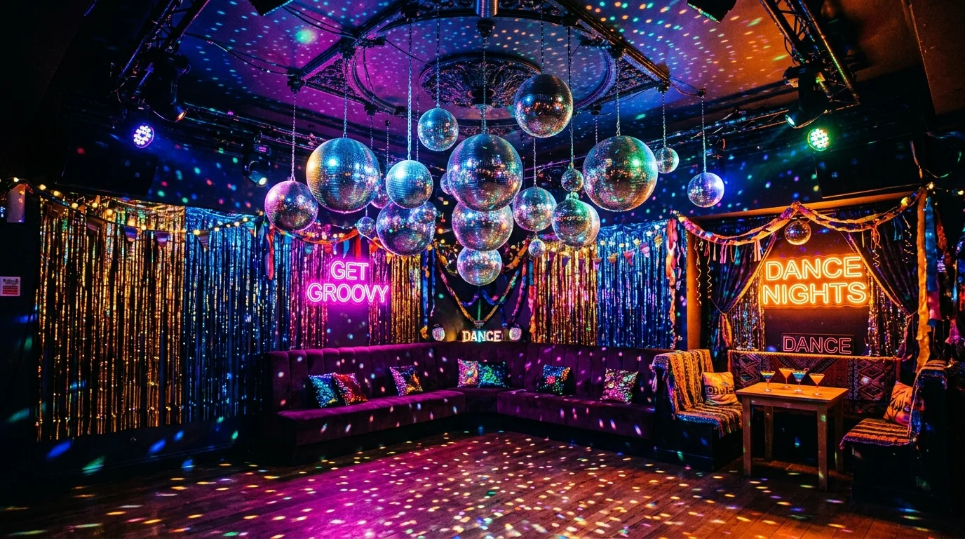 A party corner with multiple disco balls in different sizes hanging at varying heights reflecting colorful lights vibrant lighting festive groovy atmosphere no people