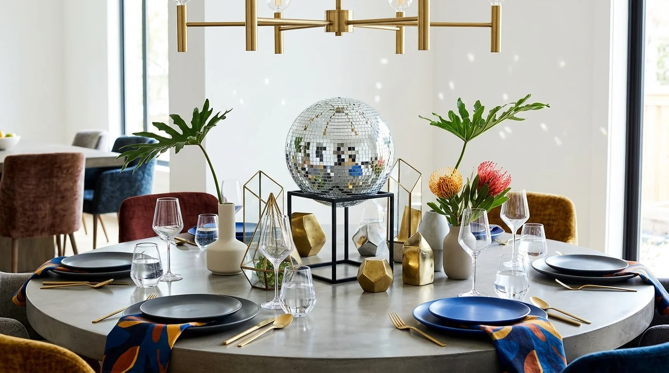 A dining table centerpiece with a disco ball paired with modern tableware bright lighting bold statement decor no people