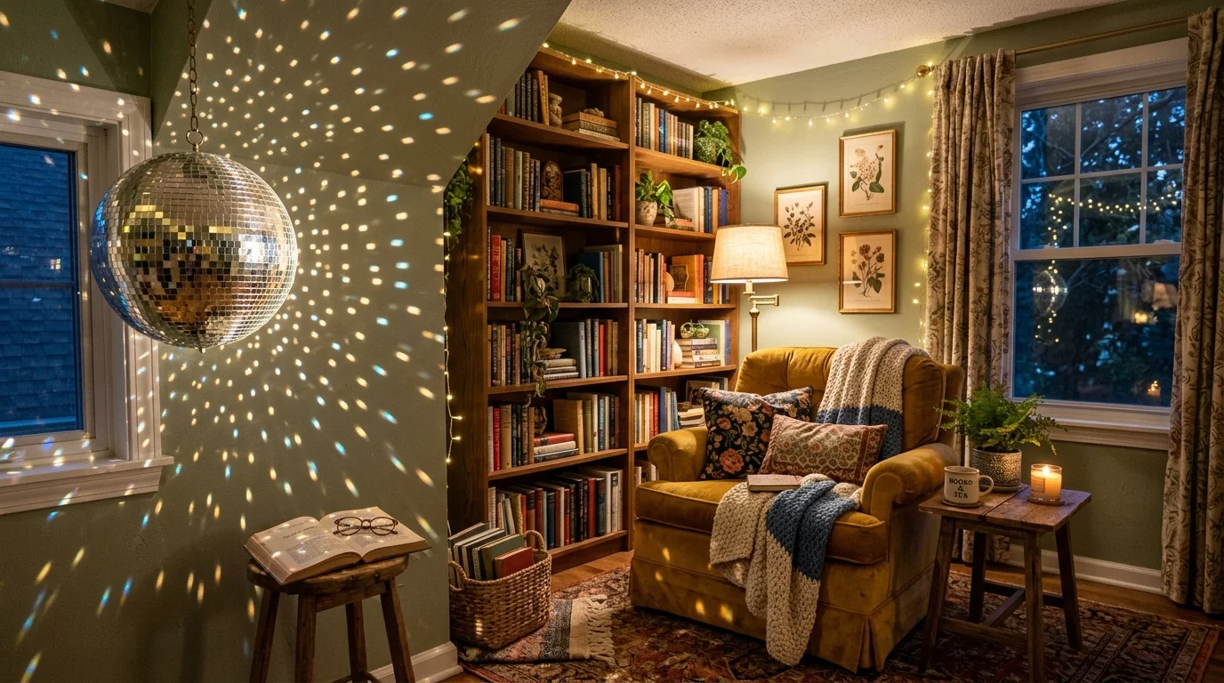 A cozy reading nook with a disco ball placed nearby reflecting light patterns on walls soft lighting whimsical relaxing vibe no people