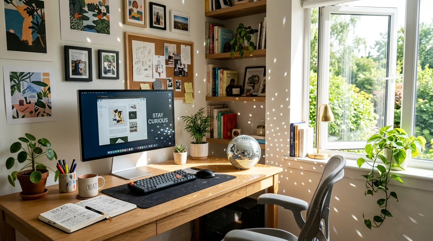 A modern workspace with a small disco ball placed on the desk catching light bright natural lighting creative inspiring environment no people