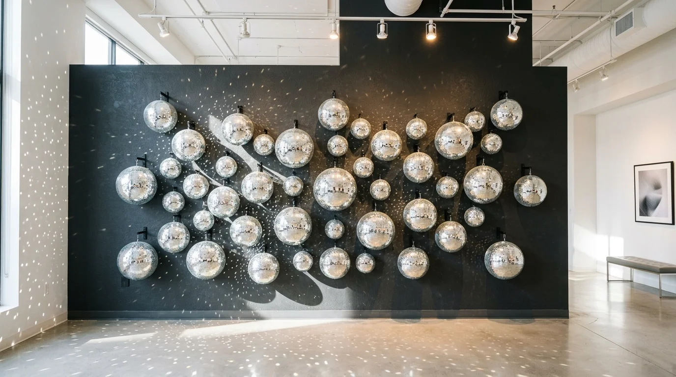 A wall display with disco balls mounted like art pieces reflecting light across the room bright lighting unique contemporary design no people