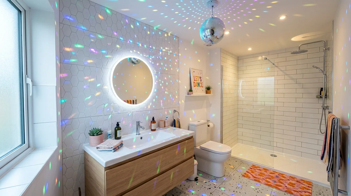 A bathroom with a mini disco ball reflecting light across tiles bright lighting playful unexpected decor element no people