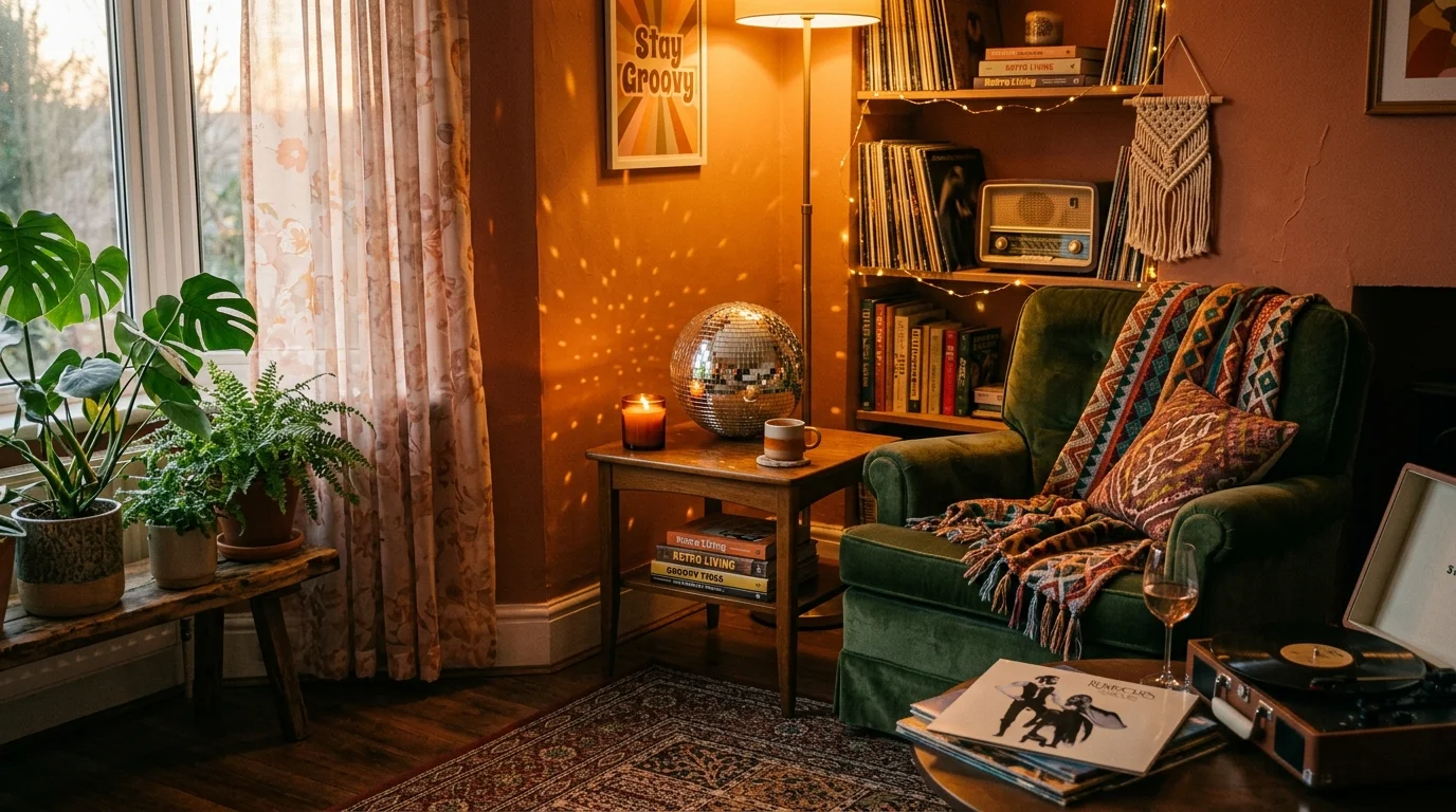 A cozy living room corner with a disco ball placed on a side table reflecting warm light soft lighting relaxed groovy aesthetic no people