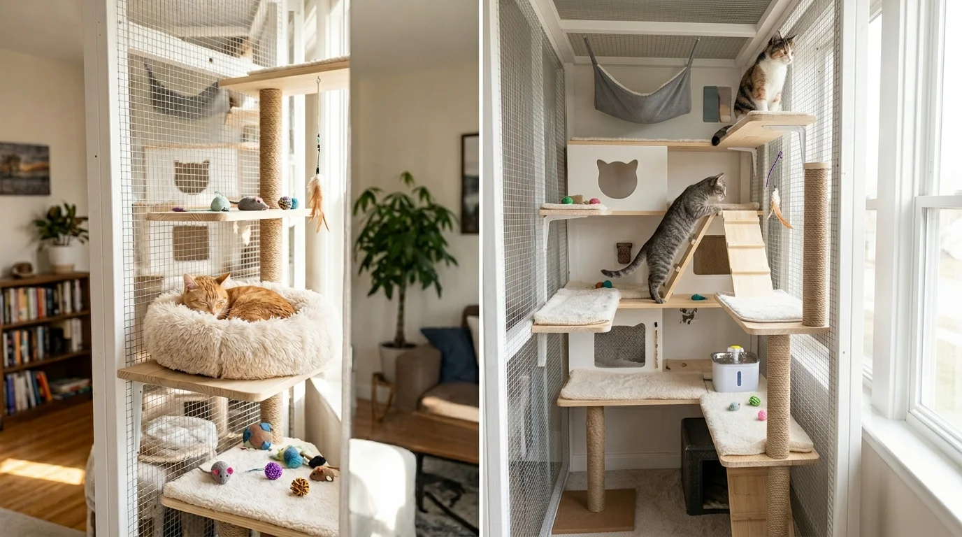 A vertical cat enclosure with multiple platforms climbing shelves and soft bedding bright lighting playful cat habitat no people