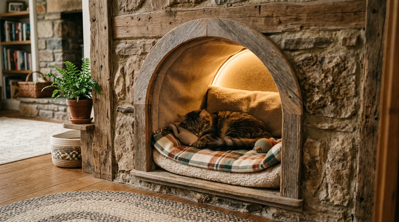 A cozy cat nook built into a wall with a small opening and cushioned interior warm lighting comfortable feline retreat no people
