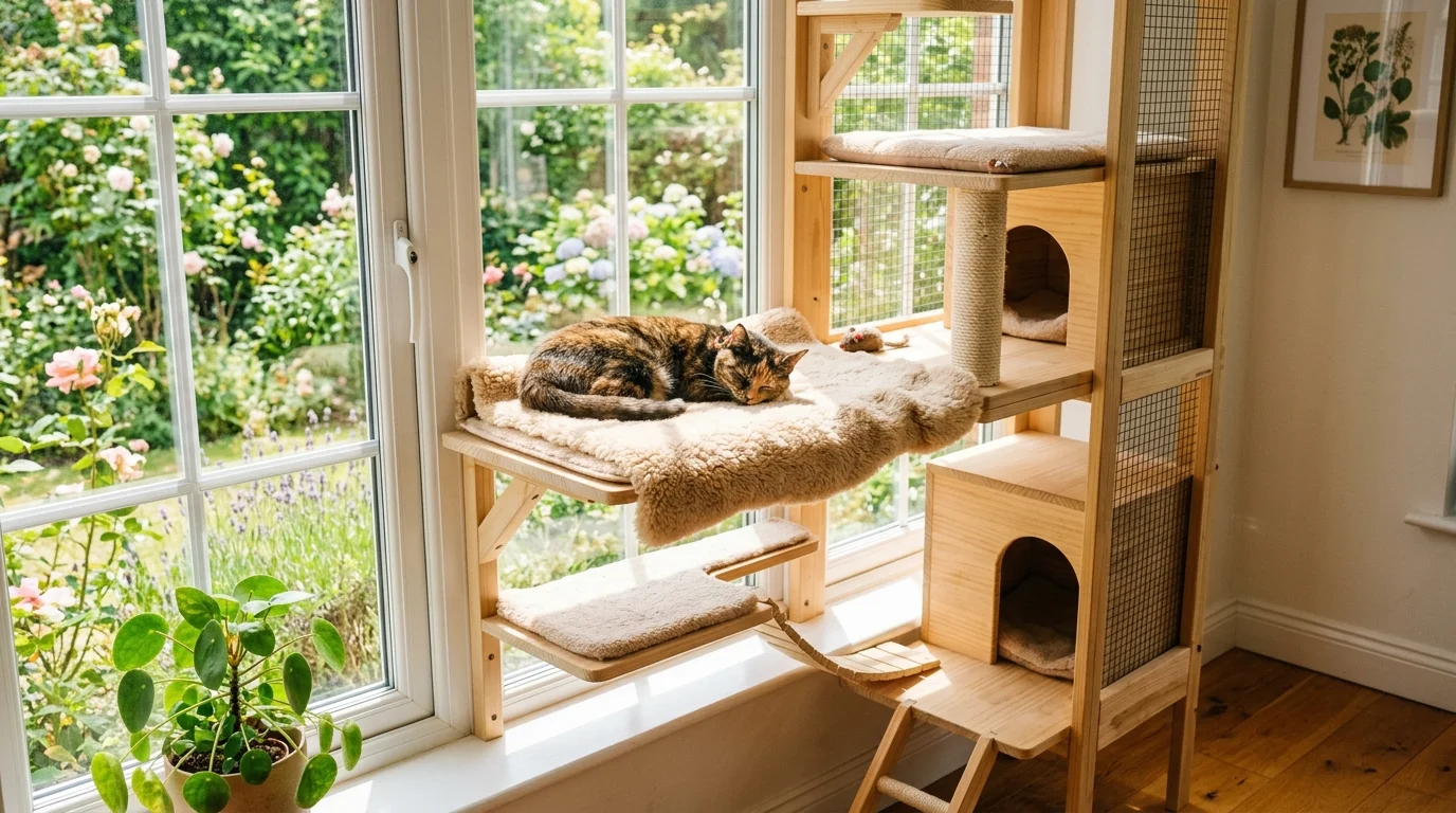 A window side cat enclosure with perches allowing sunlight to stream in bright natural light relaxing cat lounge no people
