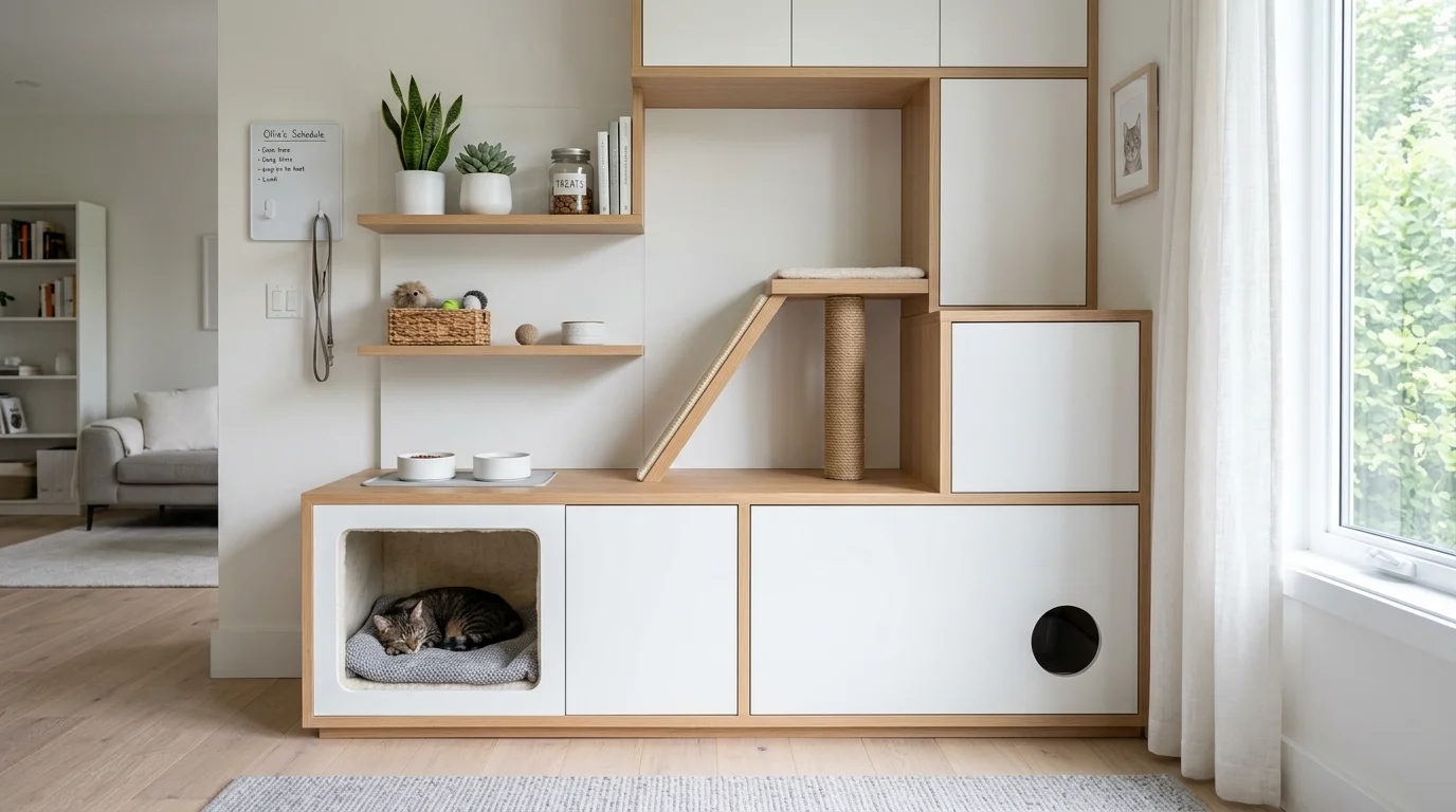 A modern enclosure with minimalist design and hidden litter box compartment bright lighting clean organized pet space no people