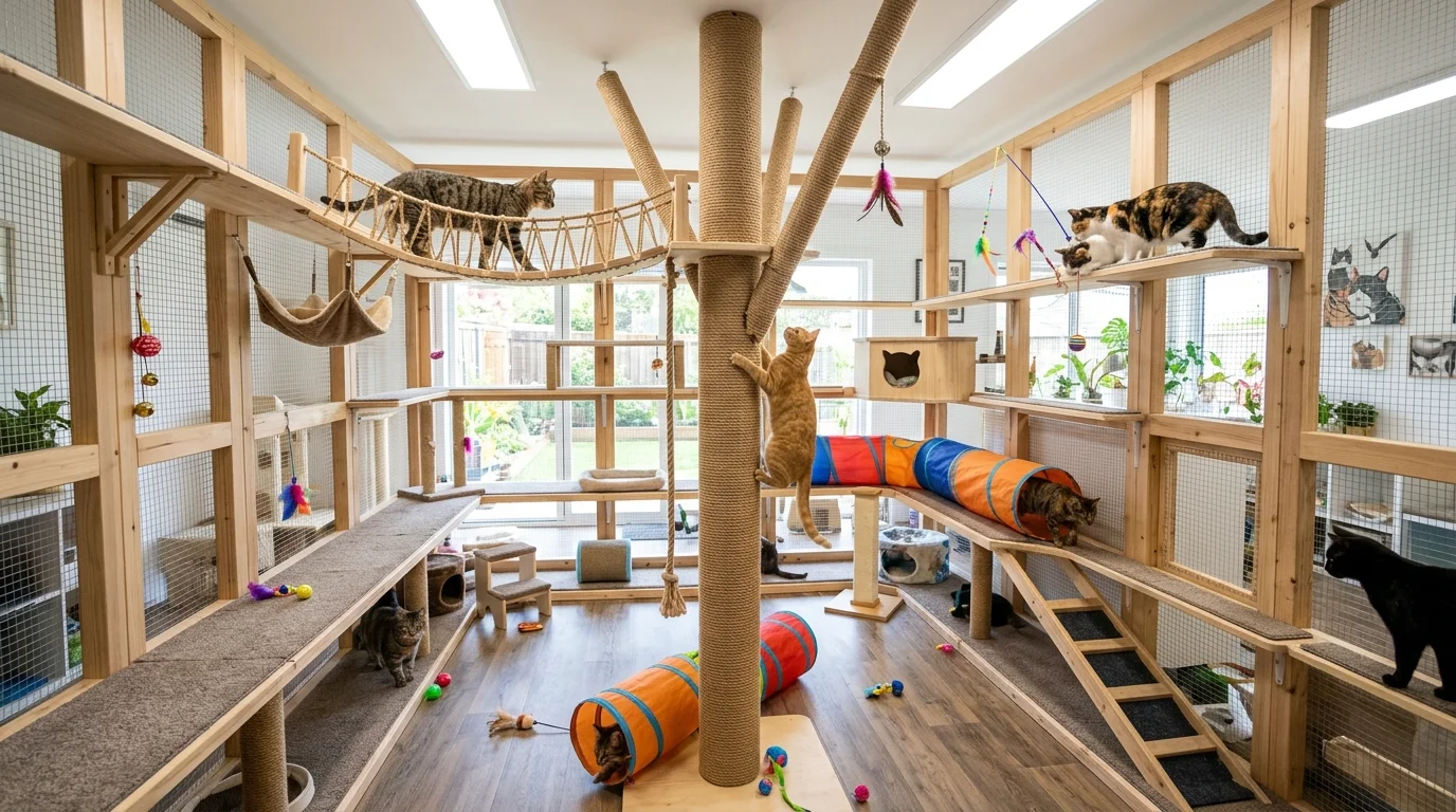 A large indoor cat enclosure with tunnels scratching posts and toys bright lighting interactive feline playground no people
