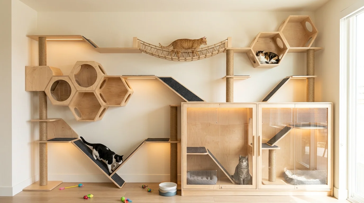 A built in cat wall system connected to an enclosure bright lighting creative feline climbing environment no people