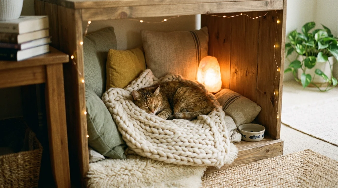 A cozy enclosure with soft blankets and cushions warm lighting inviting comfortable cat resting area no people