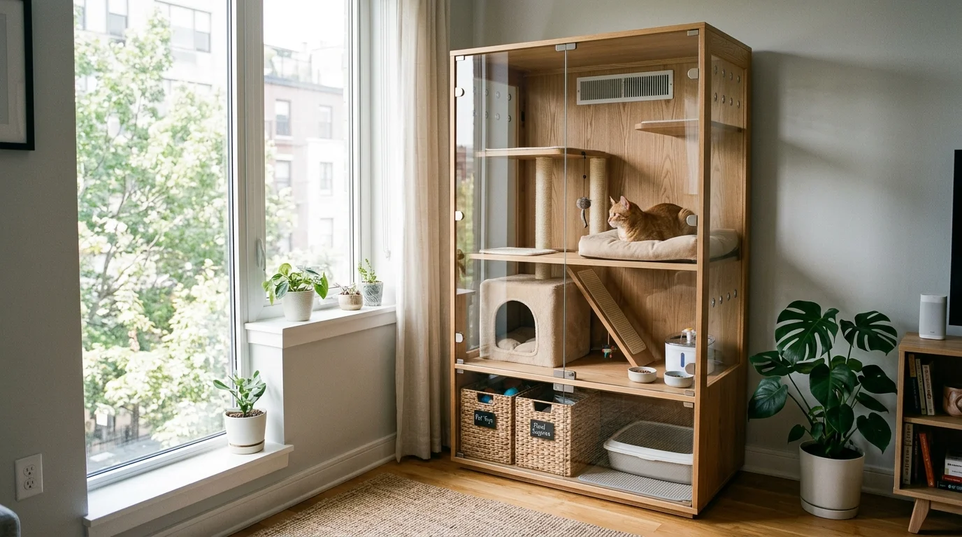 A compact enclosure designed for small spaces with vertical storage bright natural light efficient pet solution no people