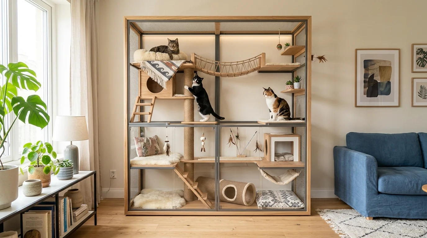 A well designed indoor cat enclosure with multiple levels and decorative elements bright lighting functional stylish feline friendly home