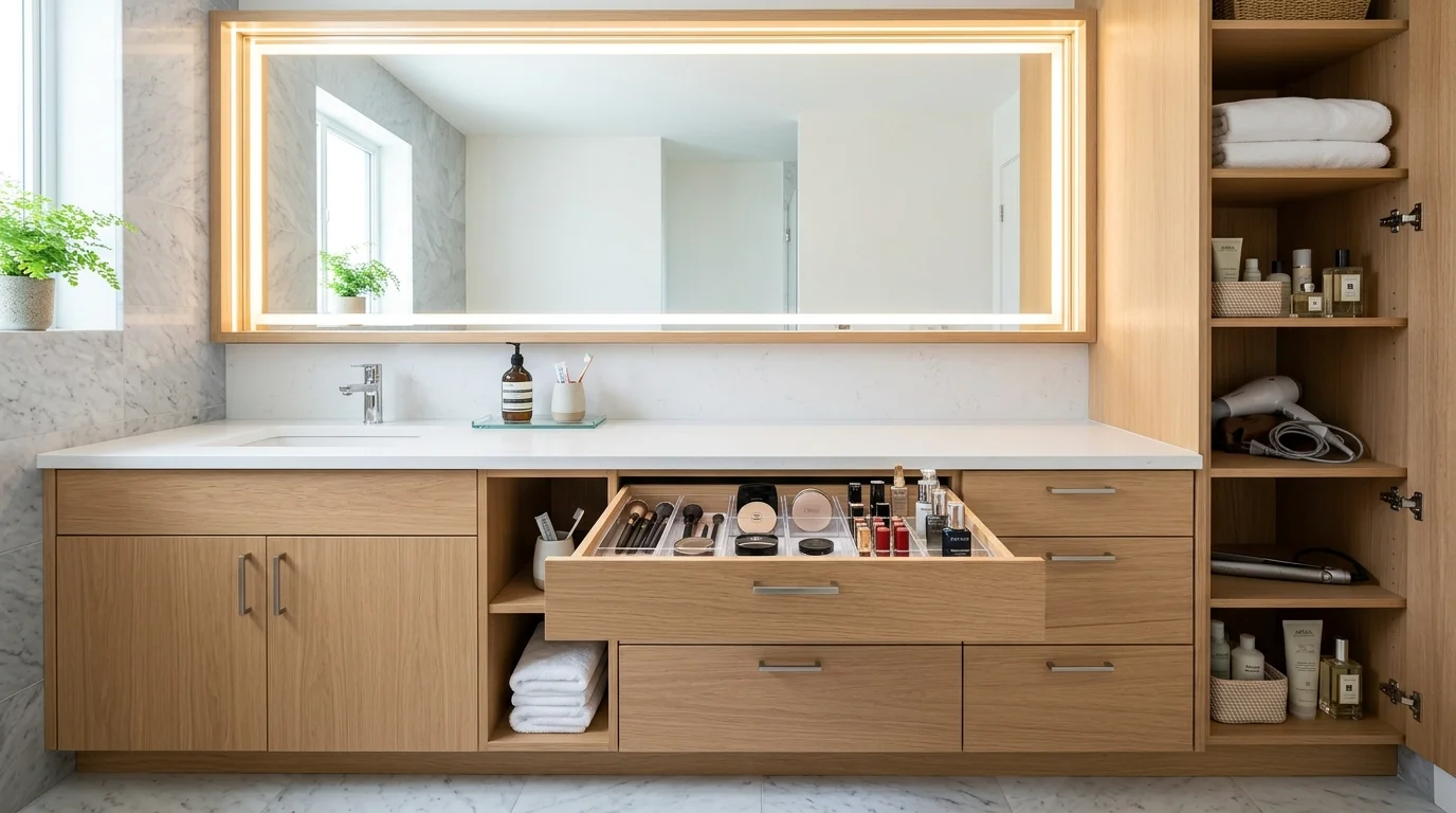 A vanity with built in drawers and compartments storing toiletries and essentials neatly bright lighting efficient clutter free design no people