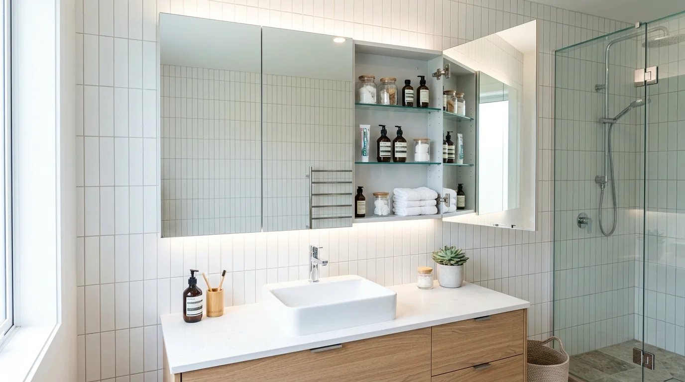 A wall mounted cabinet with mirrored doors providing hidden storage above the sink bright lighting sleek functional layout no people