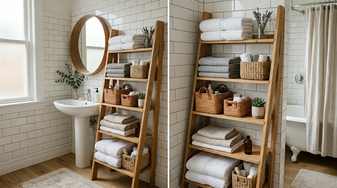 A bathroom with a ladder shelf holding towels and baskets placed in a corner soft lighting stylish vertical storage idea no people