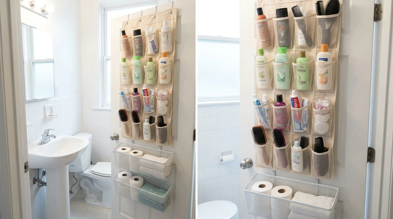 A compact bathroom with over the door hanging organizers storing small items bright lighting maximizing unused space no people