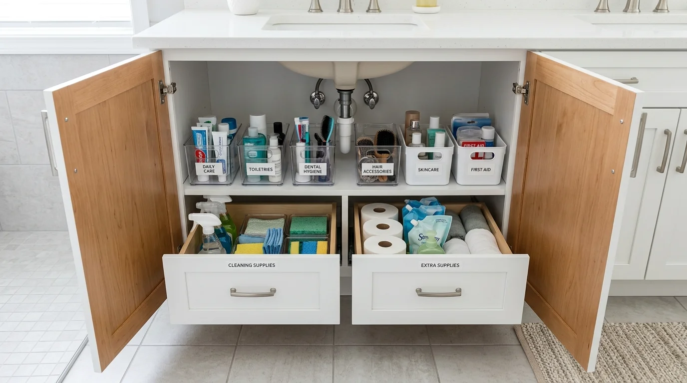 A bathroom with under sink storage using labeled bins and pull out drawers bright lighting organized practical solution no people