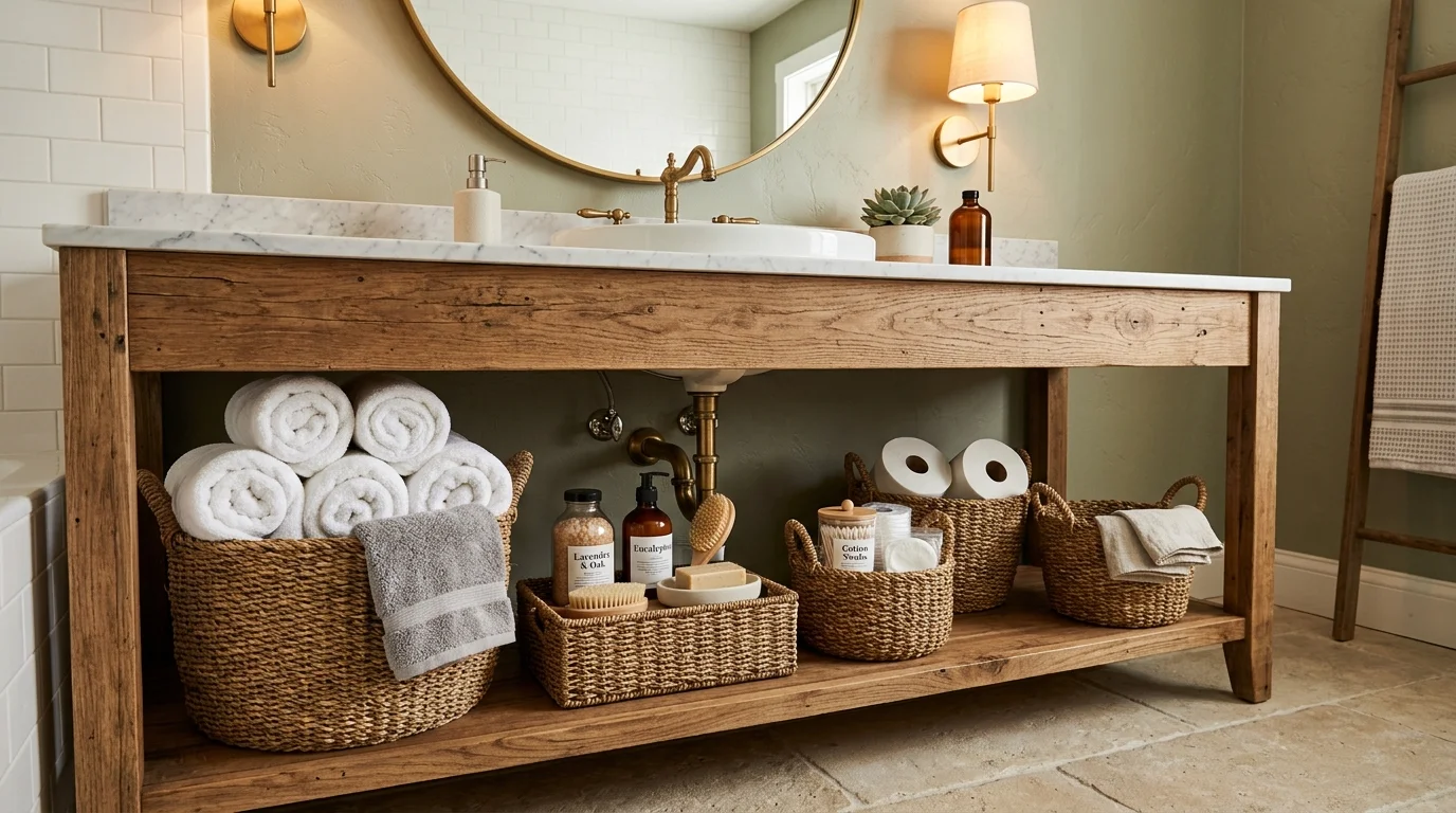 A set of woven baskets placed under a vanity holding rolled towels and supplies soft lighting cozy organized look no people