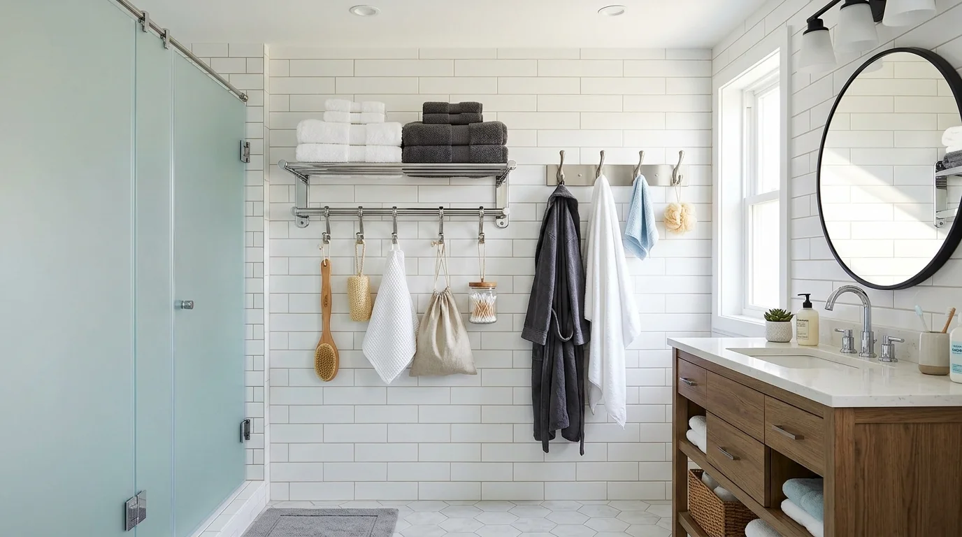 A bathroom with a wall mounted rack for towels and hooks for accessories bright lighting efficient use of wall space no people
