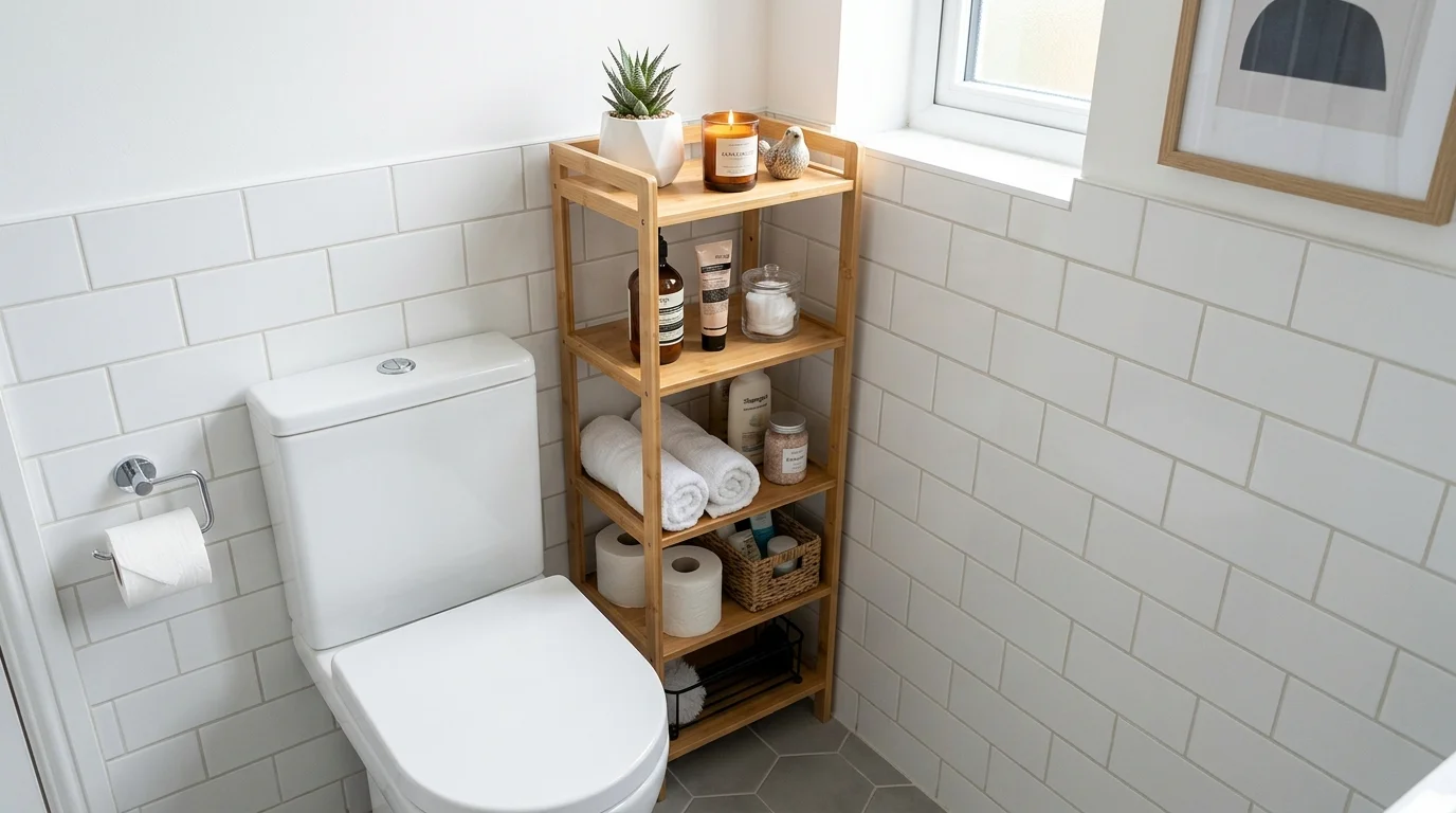 A narrow shelf unit placed beside the toilet holding toiletries and decor bright lighting compact functional design no people