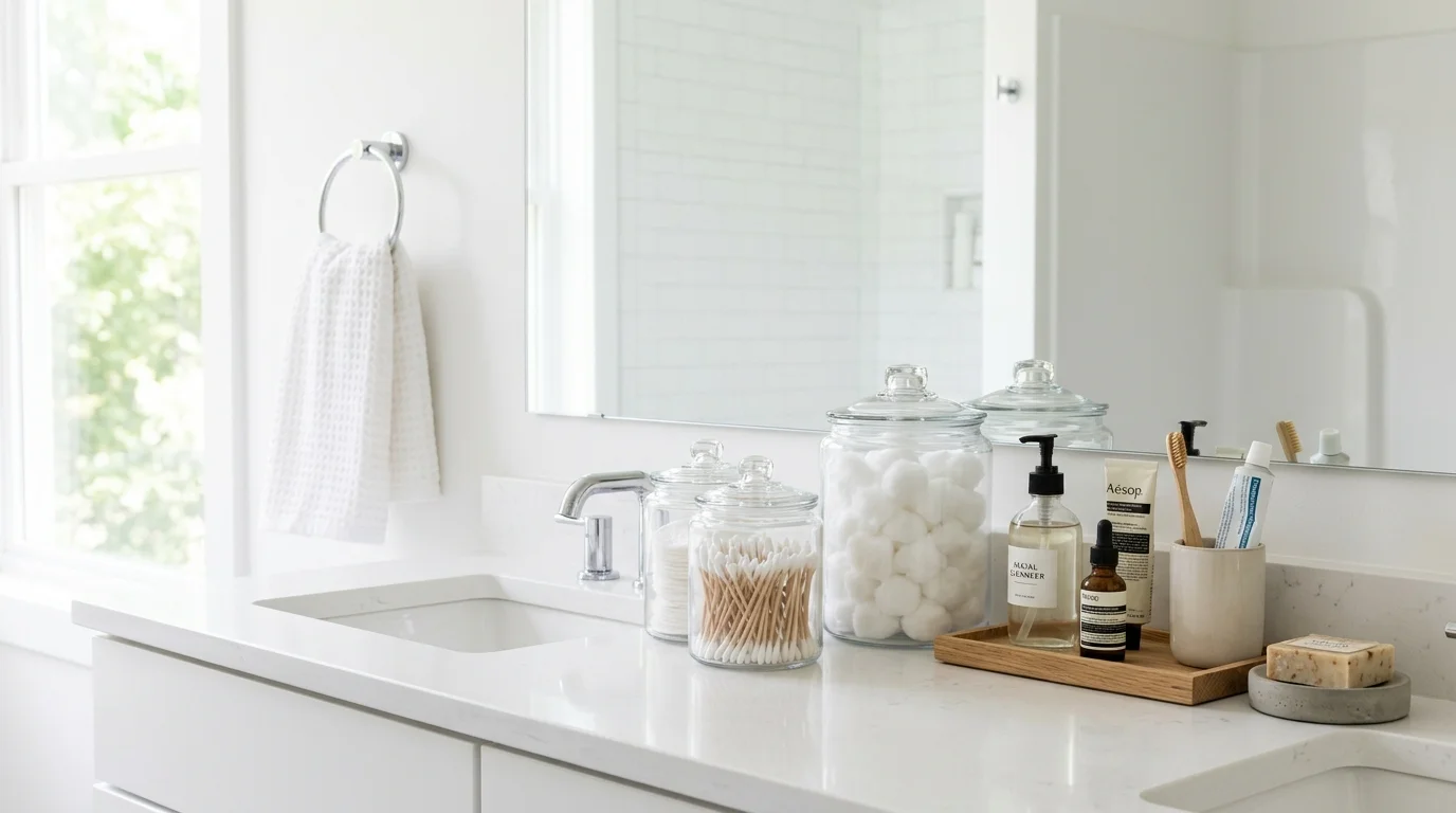 A bathroom with glass jars used to store cotton balls and accessories arranged neatly on a countertop bright lighting clean minimal styling no people