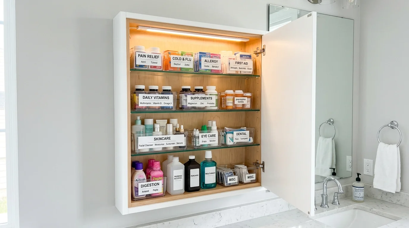 A medicine cabinet with organized shelves storing items in labeled containers bright lighting tidy accessible storage no people