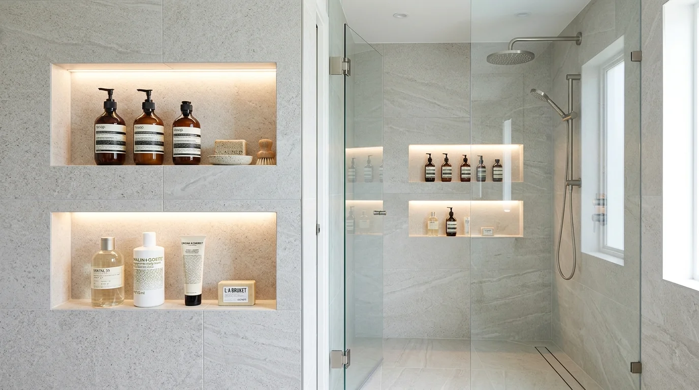 A shower with built in niches holding shampoos and soaps neatly arranged bright lighting sleek modern design no people