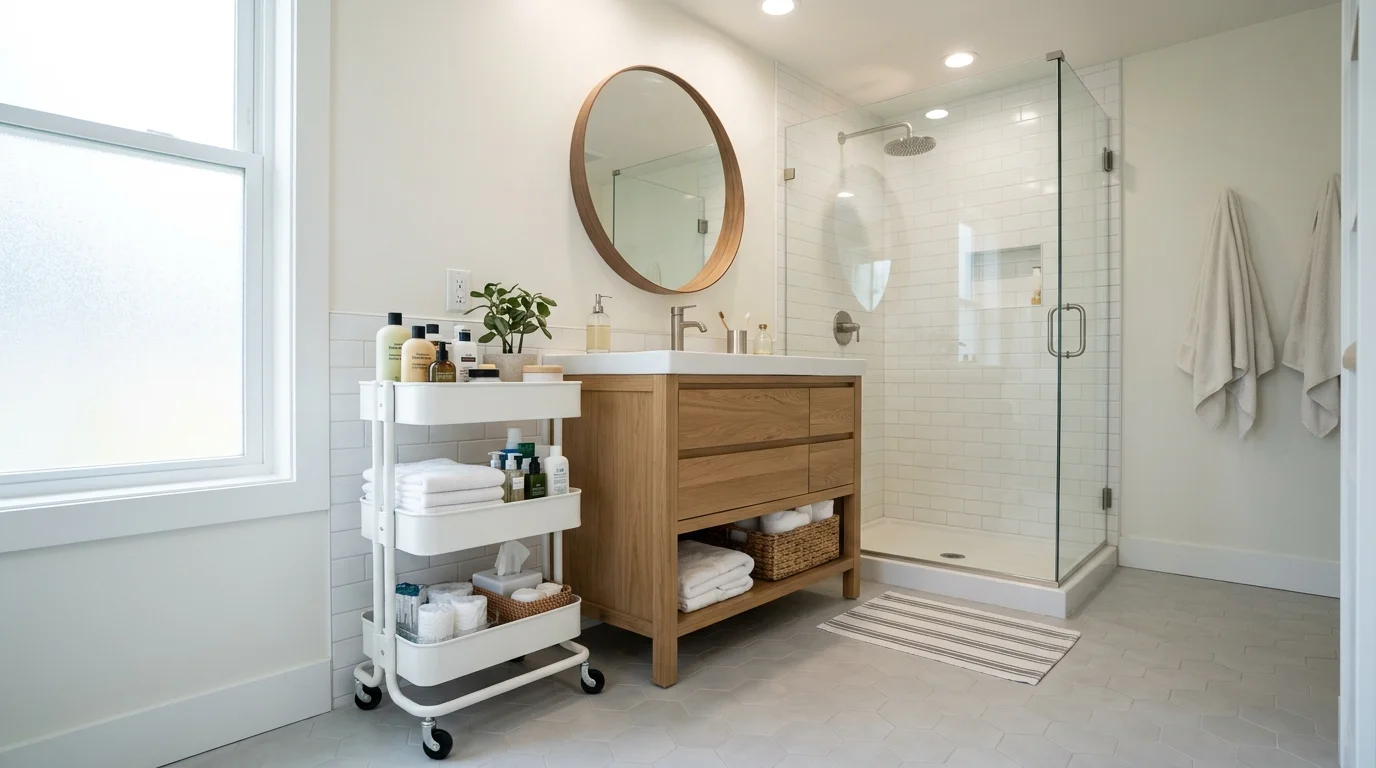 A bathroom with a rolling cart used for storing essentials beside the vanity bright lighting mobile flexible storage no people