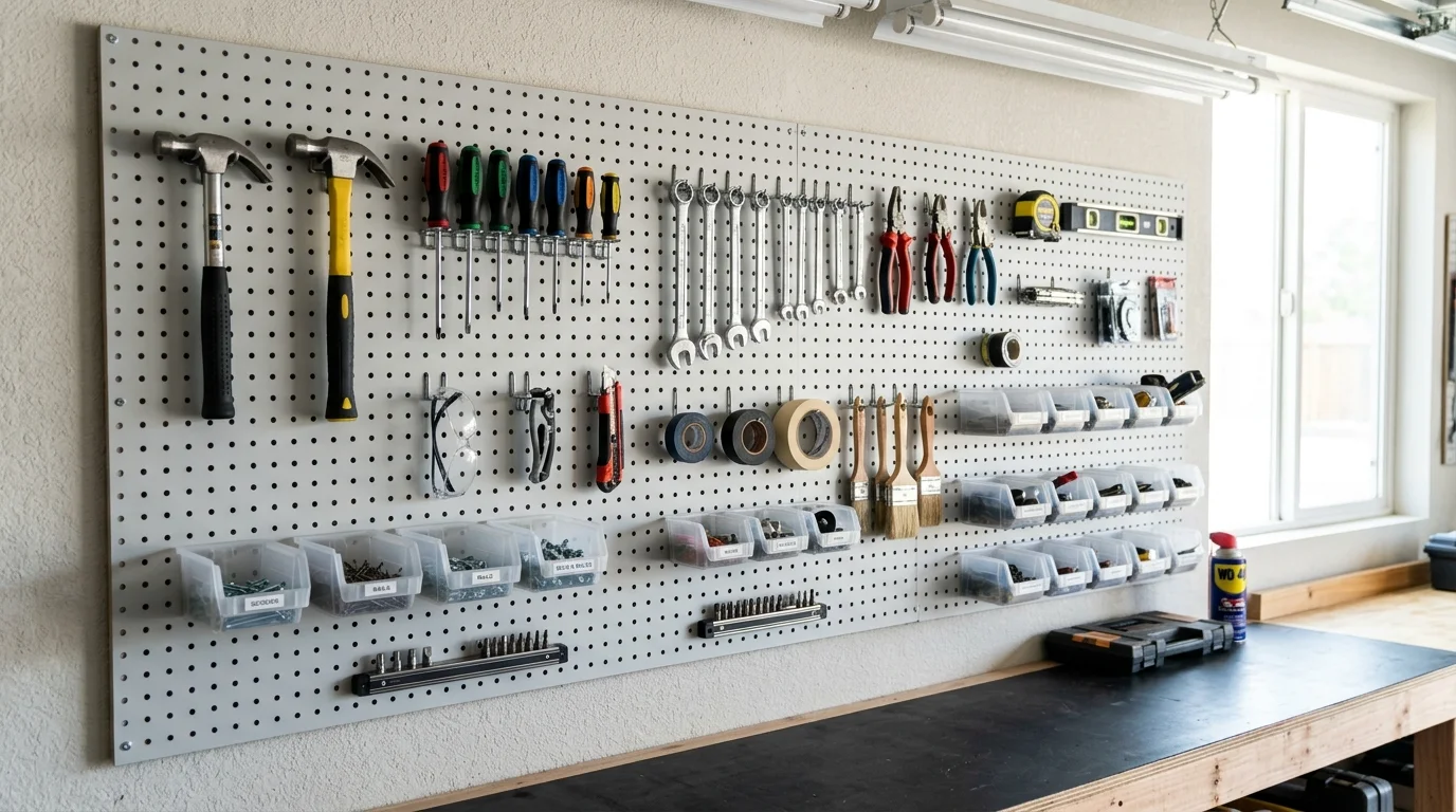 A wall with pegboard storage holding tools and accessories neatly arranged bright lighting customizable organization idea no people
