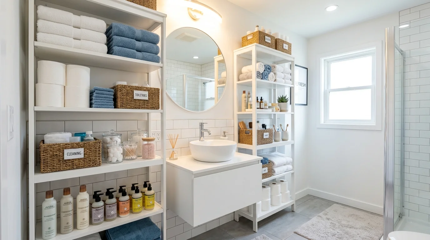 A bathroom with multi tier shelving units maximizing vertical space with neatly arranged supplies bright lighting clutter free organized environment no people