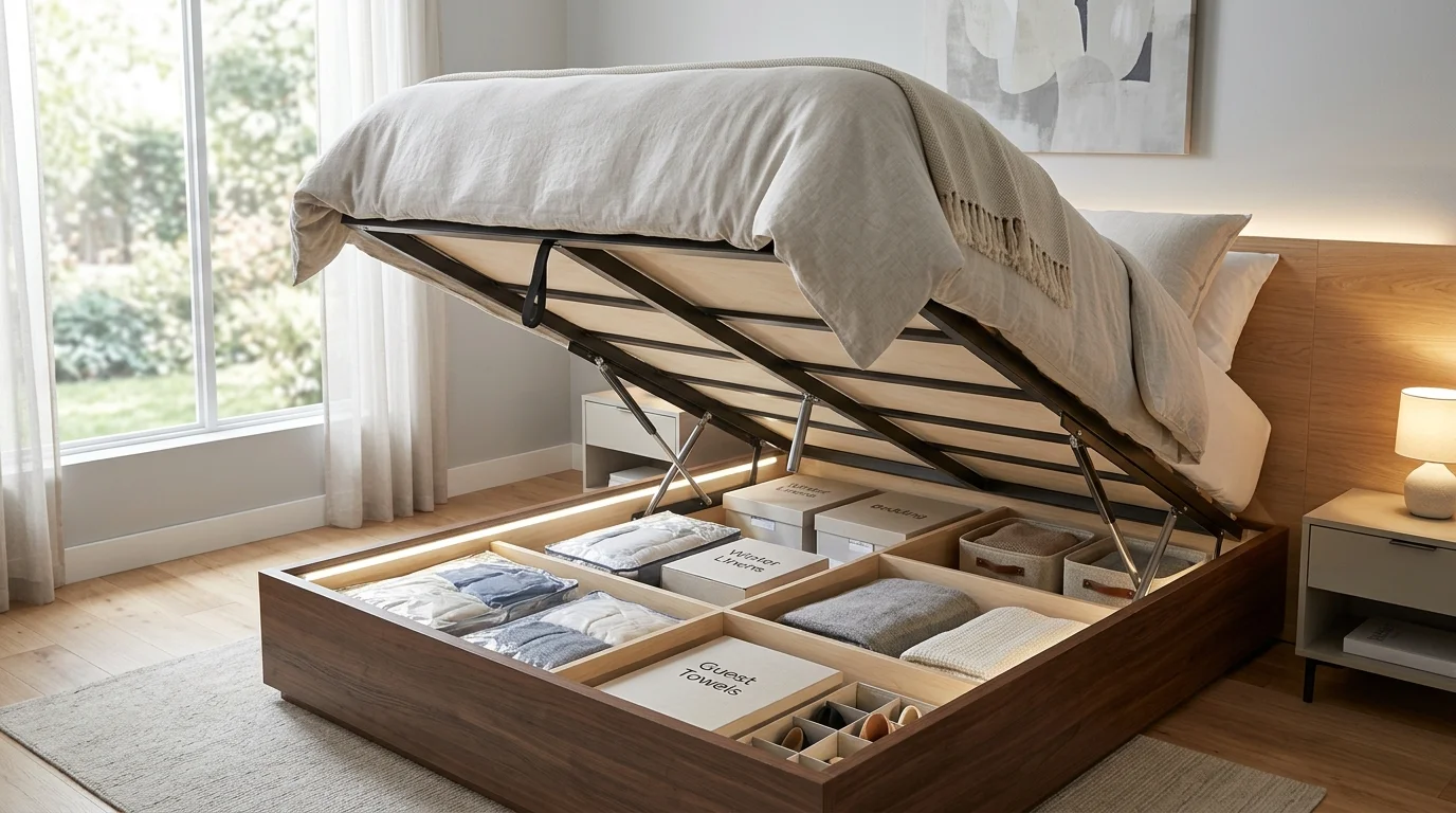 A bed with a lift up storage base revealing hidden compartments bright lighting smart space saving solution no people