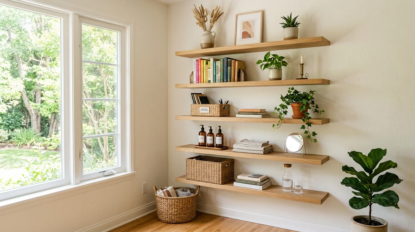 A wall with floating shelves holding decor and essentials bright natural light efficient vertical storage no people